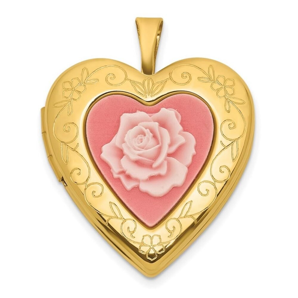 JewelryWeb Gold Plated Brushed Polished Pink Flower Resin Cameo 20mm Love Heart Locket-Locket Necklace for Women