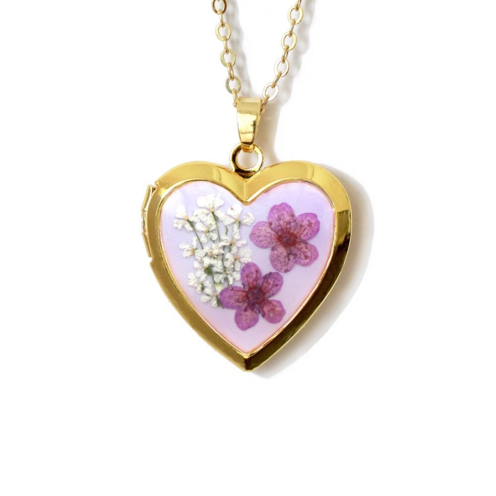 Floral Memories Handmade Heart Shaped Dried Pressed Forget Me Not Flower Photo Locket Pendant Necklace (PURPLE+L, Gold)