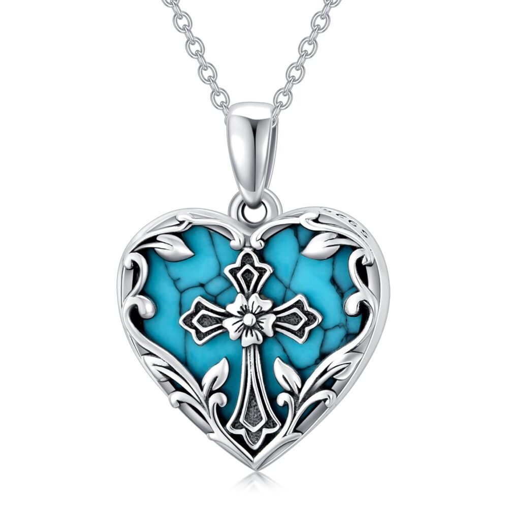 BETHZA Heart Shaped Locket Necklace That Holds 1 Picture 925 Sterling Silver Real Turquoise Cross Pendant Photo Locket for Women(only locket)