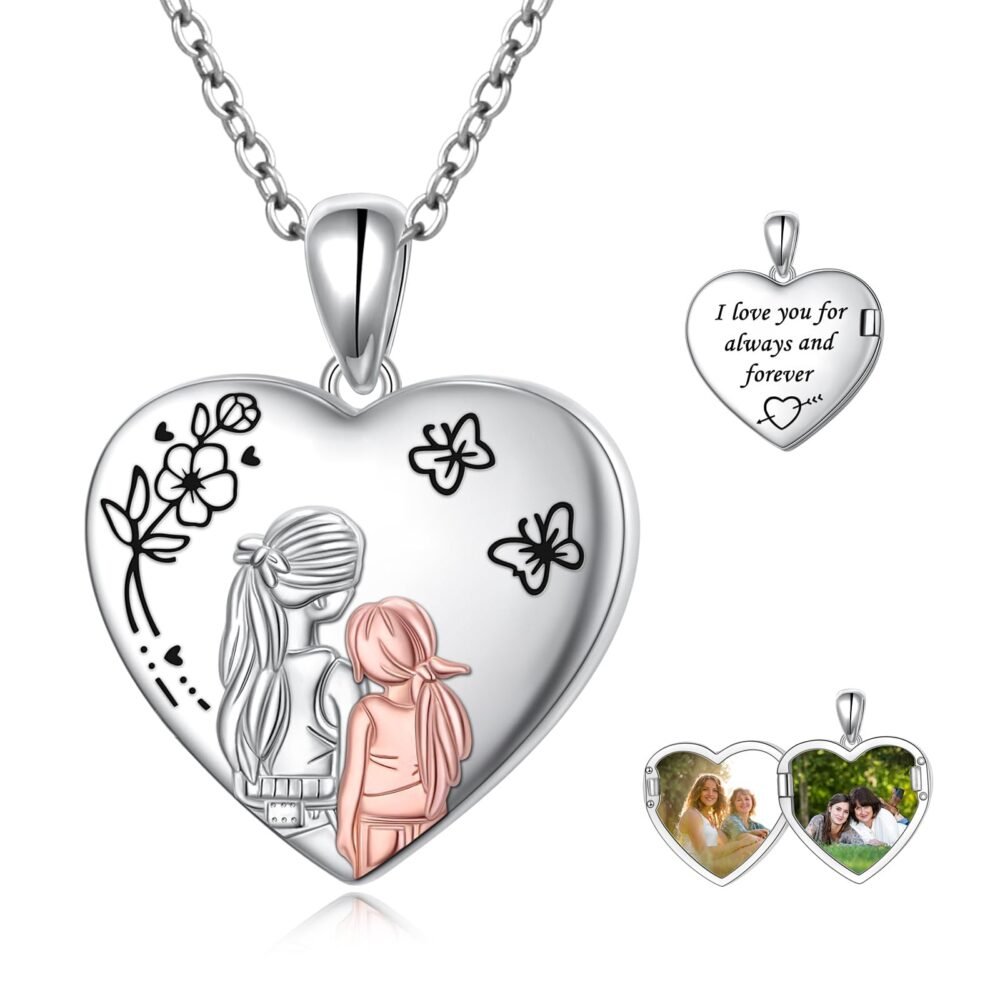FLYOW 925 Sterling Silver Mother Daughter Picture Locket Necklace That Hold Photo Pendant Jewelry Lockets for Daughter Mom