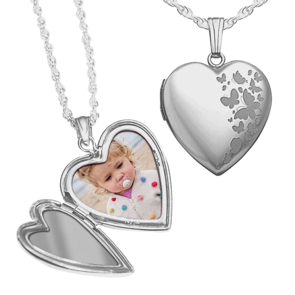 PicturesOnGold.com Personalized Silver Heart Shaped Butterflies Photo Locket Necklace - 3/4 inch x 3/4 inch, Locket + 2 Photos + Engraving - Custom Engraved Picture Locket for Women
