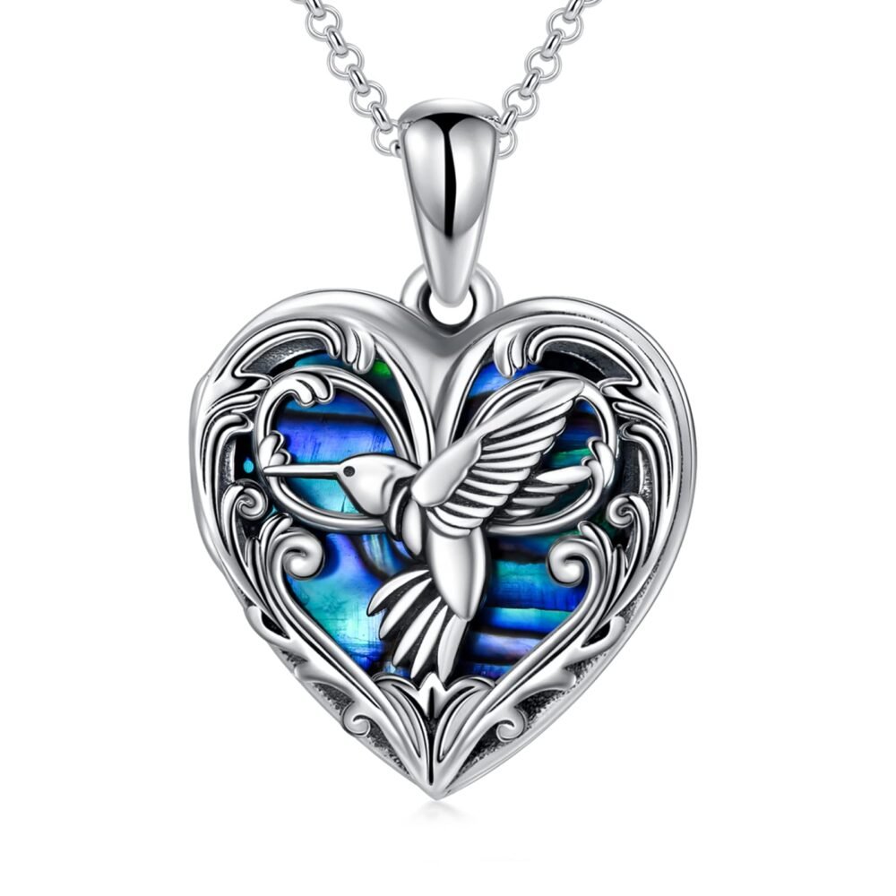 SOULMEET Abalone Hummingbird Locket Necklace That Holds 1 Picture Photo Bird Locket Pendant Sterling Silver Custom Jewelry for Family (Locket only)