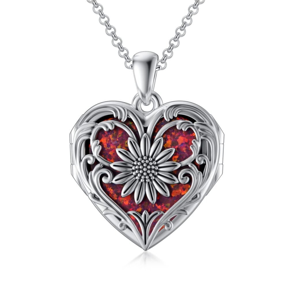 SOULMEET Sunflower Heart Red Fire Opal Locket Necklace That Holds Pictures Photo You Are My Sunshine Sterling Silver Locket Pendant (Locket only)
