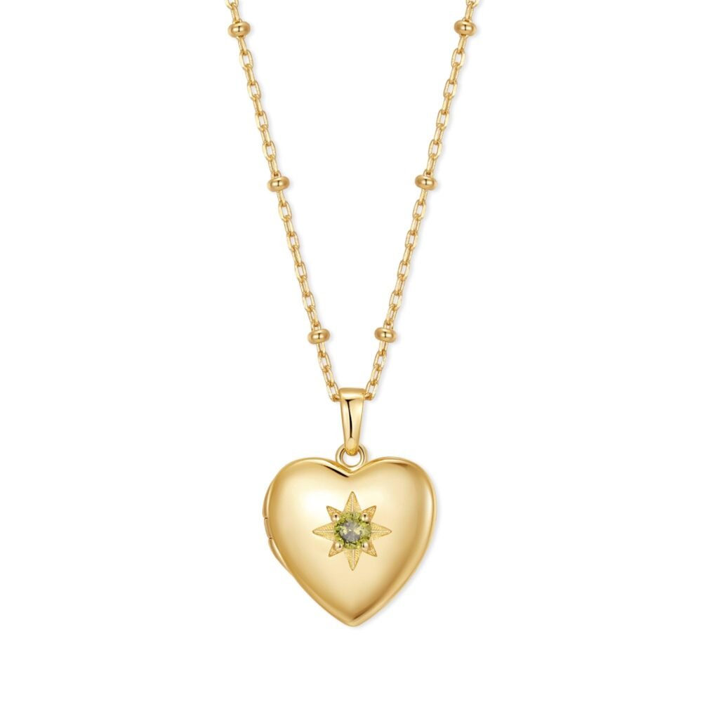 EVE'S ADDICTION Gold Custom August CZ Birthstone Heart Locket Necklace, 18" Chain - Personalized Heart Locket - Heart Pendant for Her - Gifts for Mom
