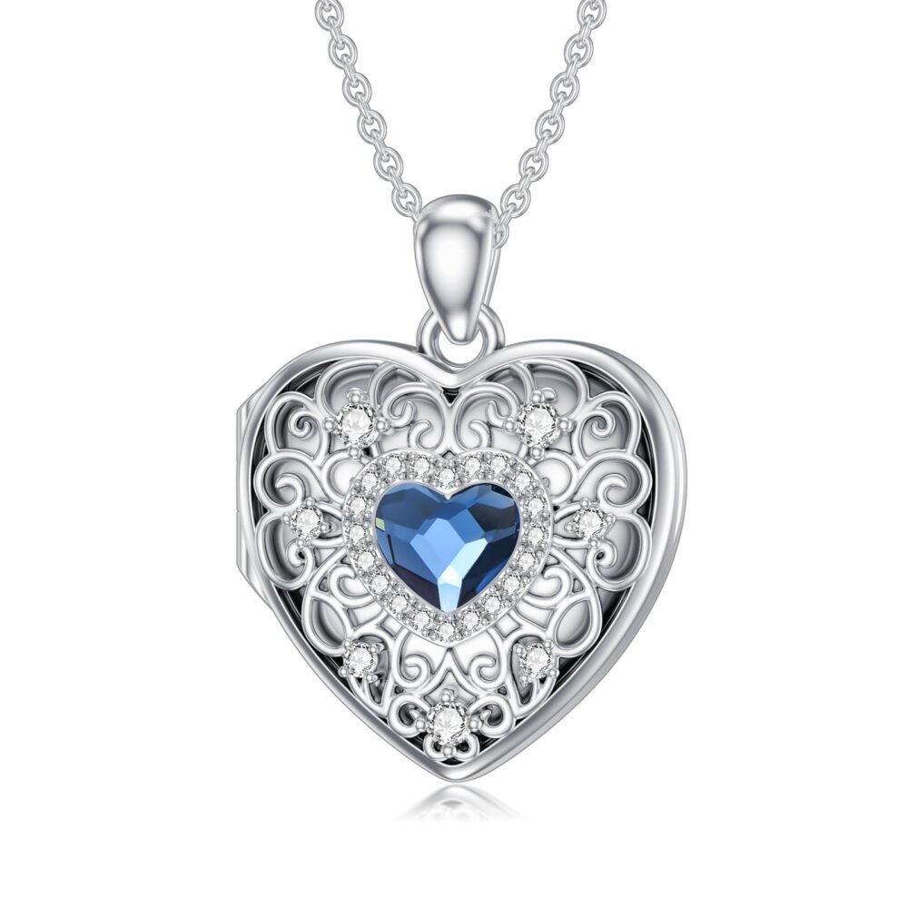 MEIDERBO Heart Locket Necklace for Women 925 Sterling Silver Heart Crystal Picture Locket Necklace Locket Jewelry Gifts for Women