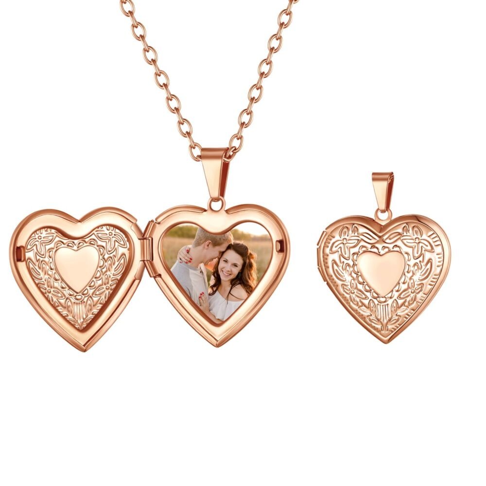 FindChic Rose Gold Locket Necklace, Heart Shaped Photo Pendant Jewelry for Women, Personalized Memorial Gift for Mom Wife Girlfriend Birthday Anniversary, Custom Picture Necklace