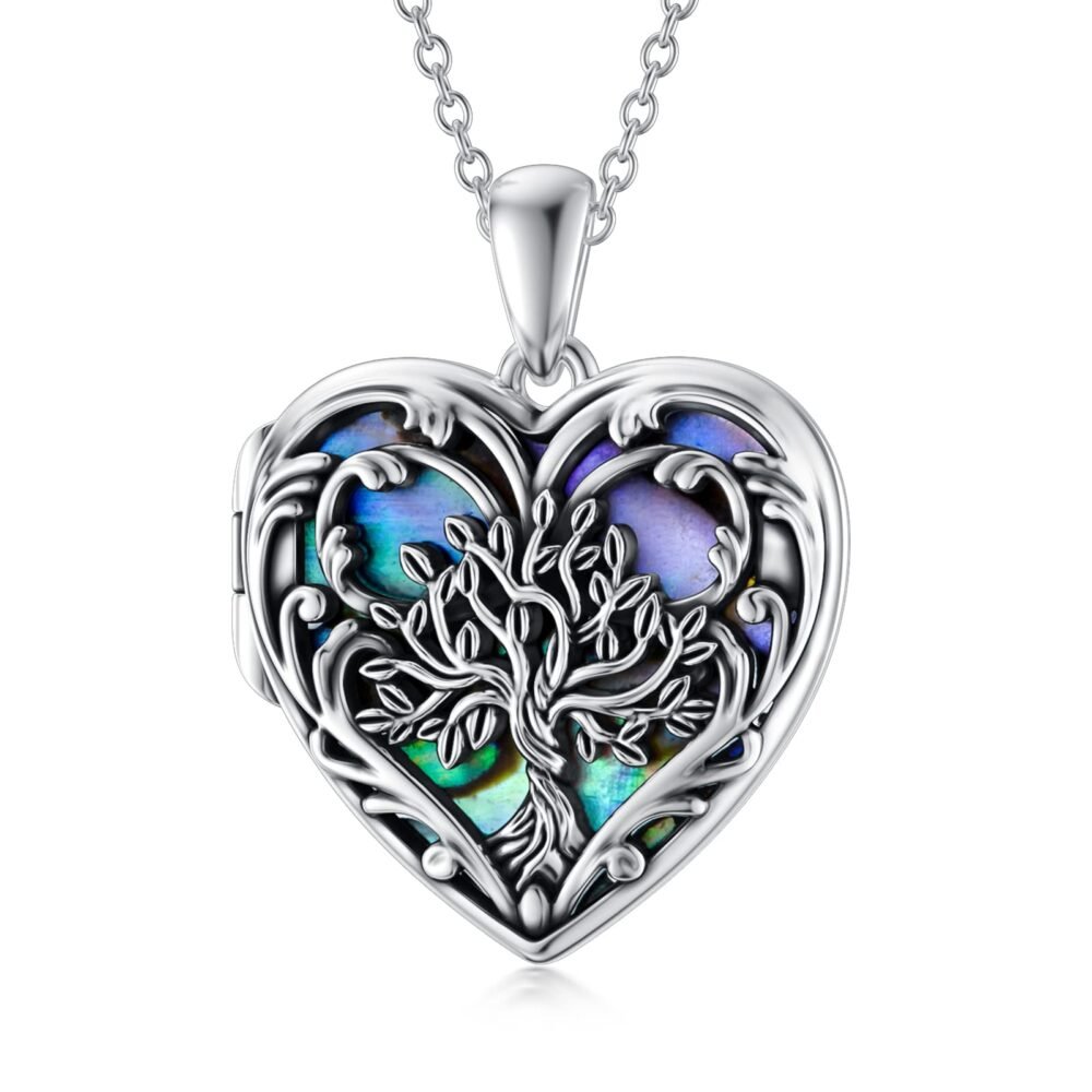 SOULMEET S925 Silver Tree of Life Heart Locket Abalone Shell Locket Necklace That Holds Picture Memorial Photo (Locket only)