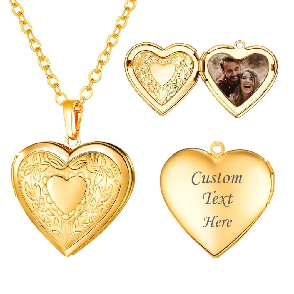U7 Women Flower Heart Locket That Hold Memorial Photo 14K Gold Plated Jewelry Rolo Chain Customized Photo and Text Engrave Lockets Pendant