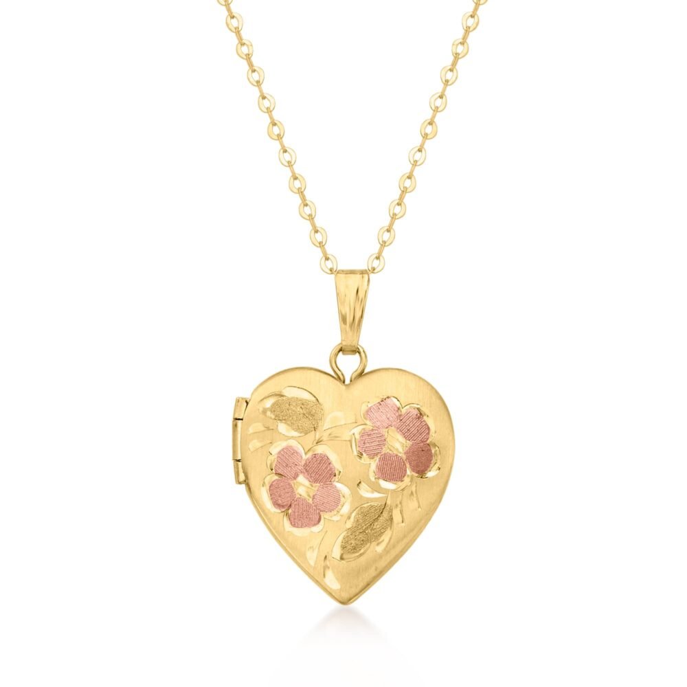 Ross-Simons 10kt 2-Tone Gold Floral Heart Locket Necklace. 18 inches