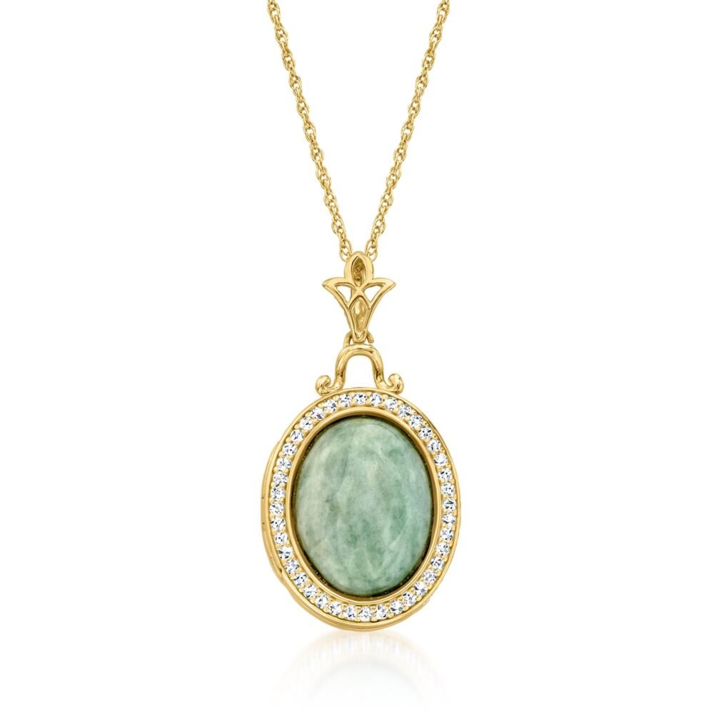 Ross-Simons Jade and .30 ct. t.w. White Topaz Locket Necklace in 18kt Gold Over Sterling. 18 inches