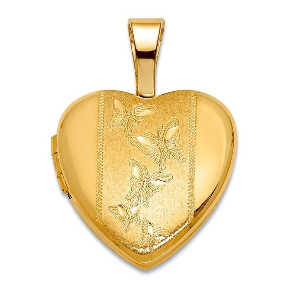 JewelryWeb 14k Solid Yellow Gold Polished and Satin 12mm Butterfly Angel Wings Love Heart Locket Locket Necklace for Women