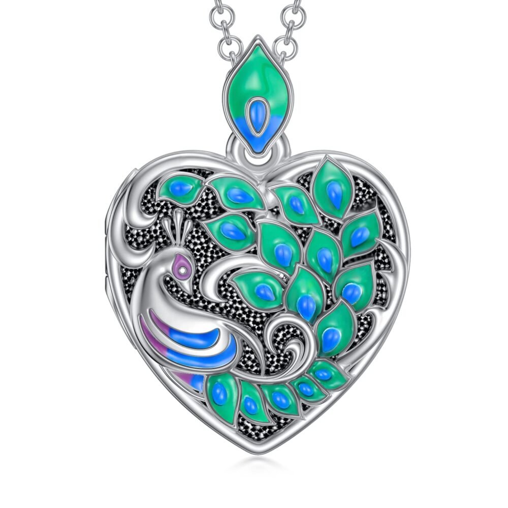 SOULMEET Heart Peacock Locket Necklace That Holds 2 Pictures Keep Someone Near to You Sterling Silver Bird Locket (Locket only)