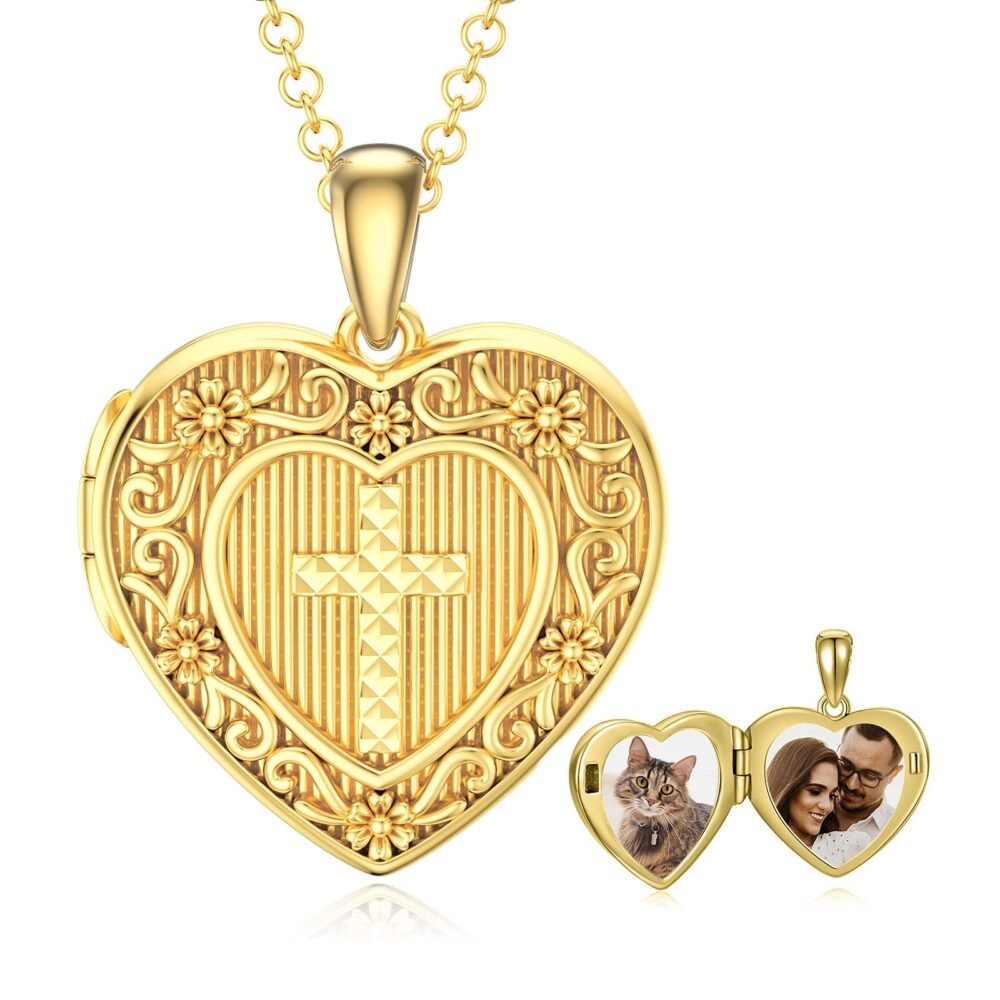 SOULMEET 10k 14k 18k Solid Yellow Gold Diamond Cut Cross Heart Locket Necklace That Holds 2 Pictures Personalized Custom Image Photo Locket (Custom photo)