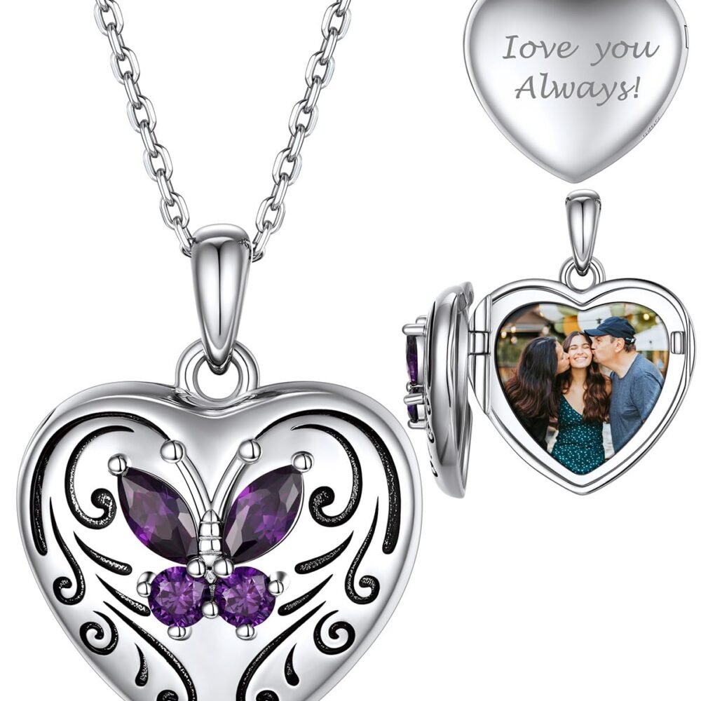 Custom4U Sterling Silver Heart Locket Necklace that Holds Pictures Customized Butterfly Locket Pendant Necklace with Picture Inside Memory Jewelry Gifts for Women Mom Wife Grandma