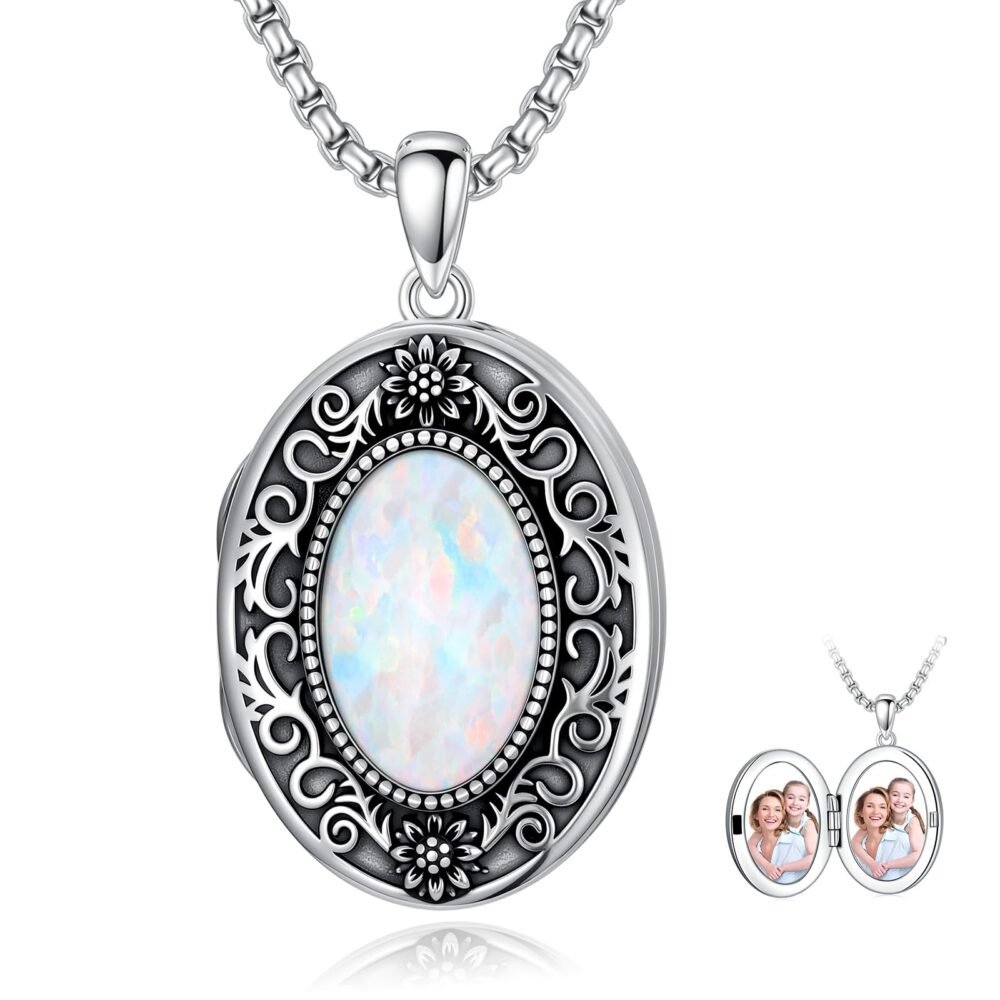 PELOVNY Opal Photo Locket Necklace for Women 925 Sterling Silver Sunflower Filigree Oval Picture Locket Pendant Memorial Jewelry Gifts for Mom Daughter Wife