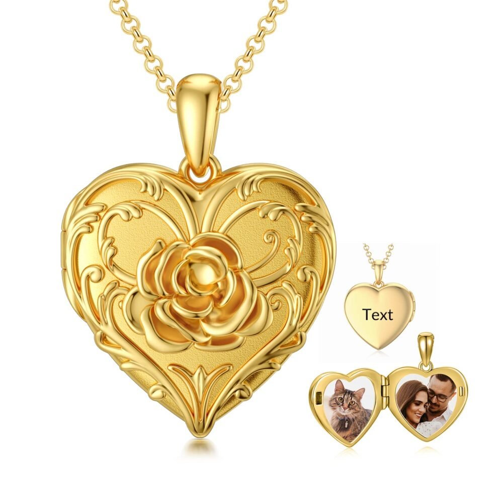 SOULMEET 10k 14k 18k Solid Yellow Gold Rose Heart Locket Necklace That Holds 2 Pictures Personalized Letters Engraved Custom Image Gold Locket(Custom photo & text)