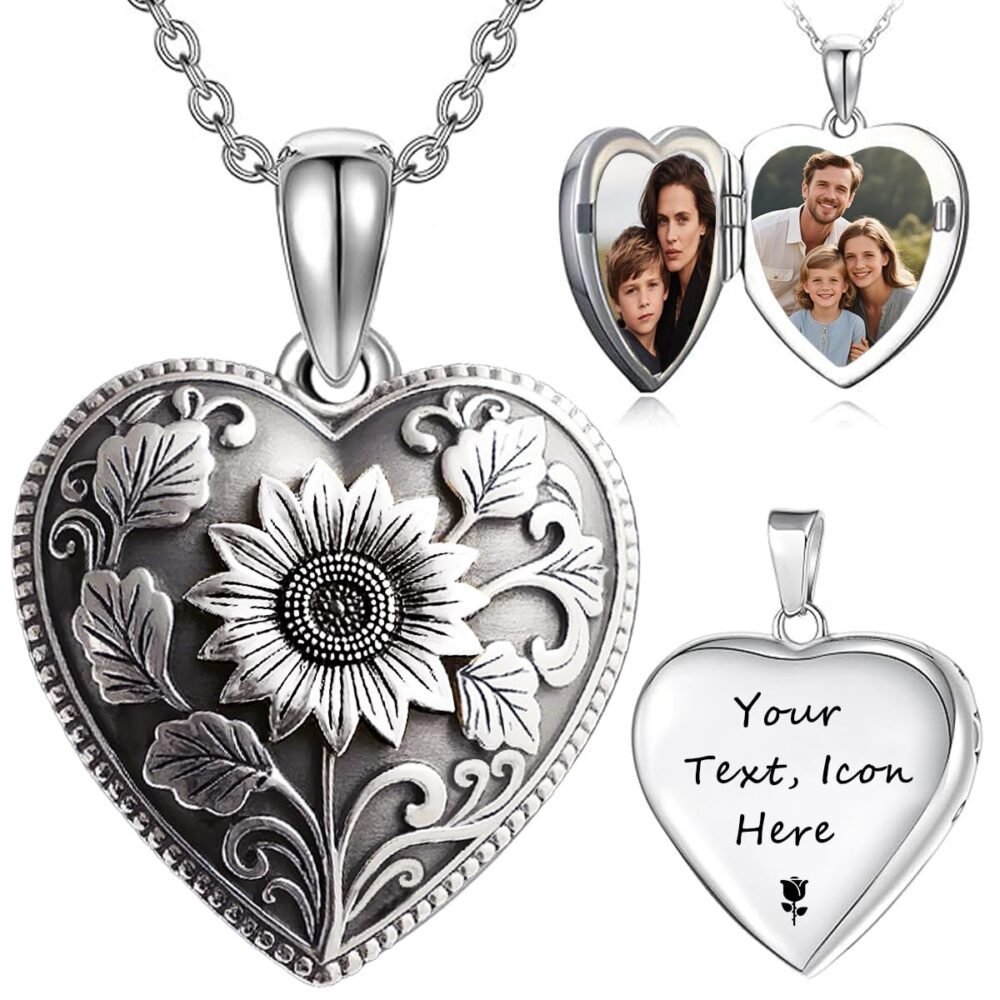 SouJennxx S925 Sterling Silver Heart Lockets Necklace That Holds Pictures Jewelry for Women Photo Pendant Necklace Memorial Jewelry Gift (B-Silvery Sunflower locket+photo+text, Silvery Sunflower)