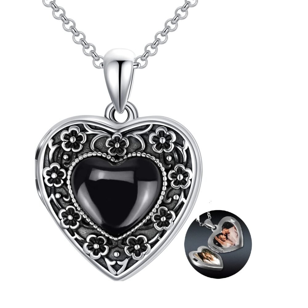 AOBOCO Heart Locket Necklace That Holds Pictures Sterling Silver Flower Lockets Jewelry for Women - Always in My Heart (Cherry Blossoms-Obsidian)