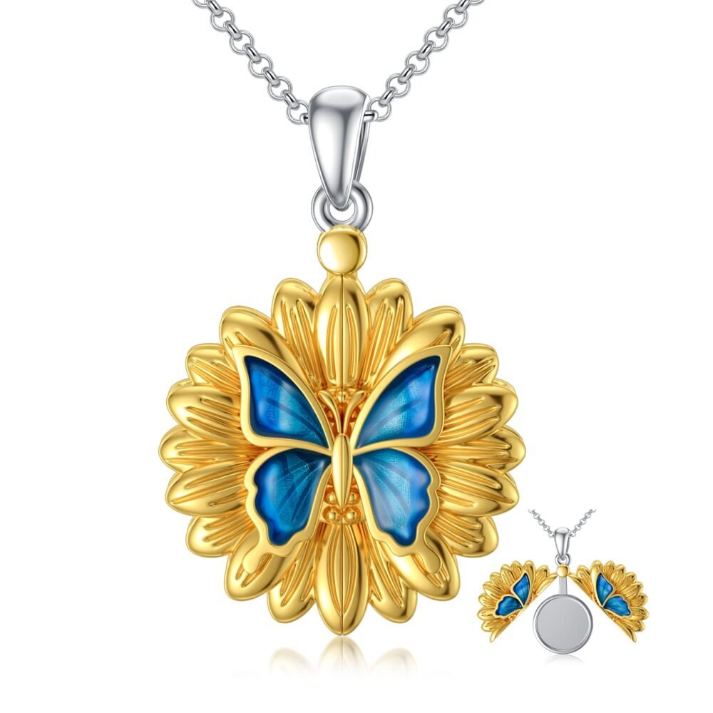 SOULMEET 1 Inch Gold Sunflower Butterfly Locket Necklace That Holds 1 Picture Photo Sterling Silver Personalized Expandable Locket (Locket only)