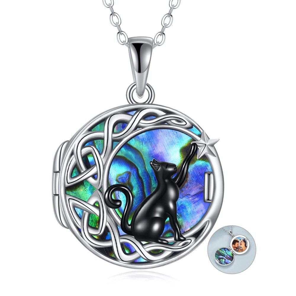 SHEAISRS Black Cat Locket Necklace With Abalone Shell Celtic Moon - Sterling Silver Jewelry for Women, Hold Photo for Cat Lovers