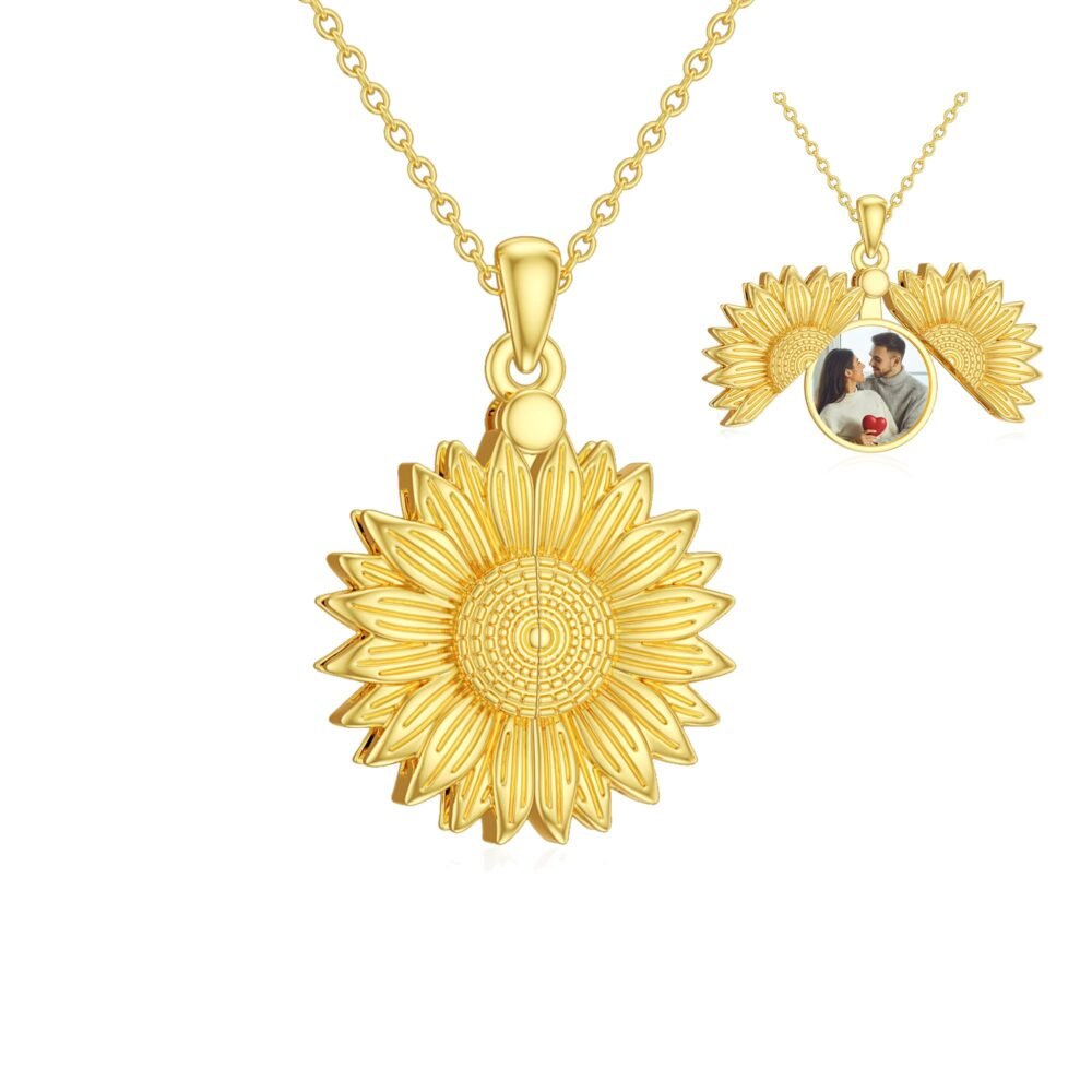 GEHN Personalized 10K 14K 18K Solid Gold Sunflower Locket Necklace That Holds Pictures Custom Photo Sunflower Jewelry Gifts for Women