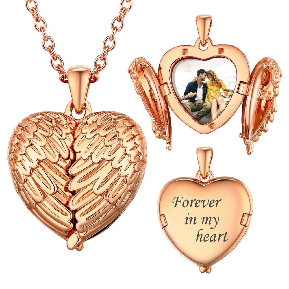 SILVERCUTE Rose Gold Plated Angel Wings Heart Locket Pendant Necklace with Personalized Customized Photo Picture