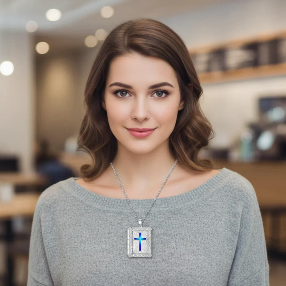 SOULMEET Personalized 10K 14K 18K Solid White Gold/Filled White Gold Rectangle Locket That Holds Picture Custom Large Enamel Cross Locket Necklace Gift for Men Women (Custom photo & text)