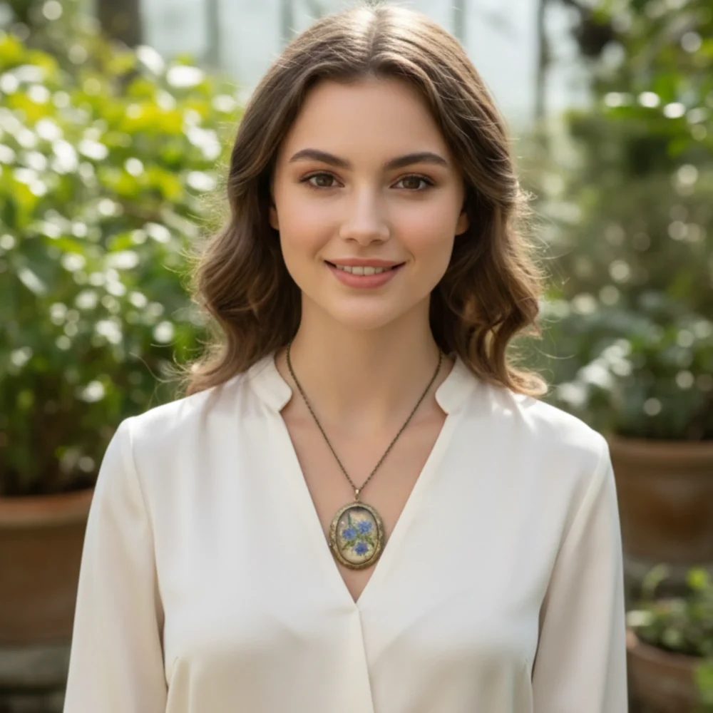 THSOGO Vintage Photo Locket Necklace Handmade Pressed Flower Locket Necklace for Women Girl (Forget Me Not)